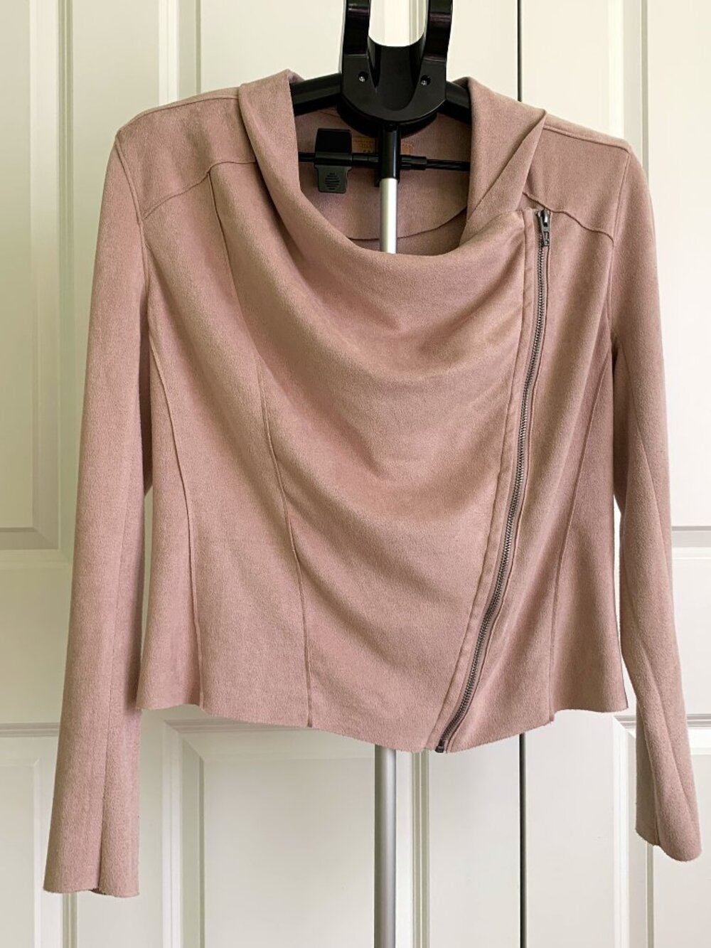 Blank NYC Faux Suede Drape Jacket Moto Cowl Neck Asymmetrical Zip Pink M